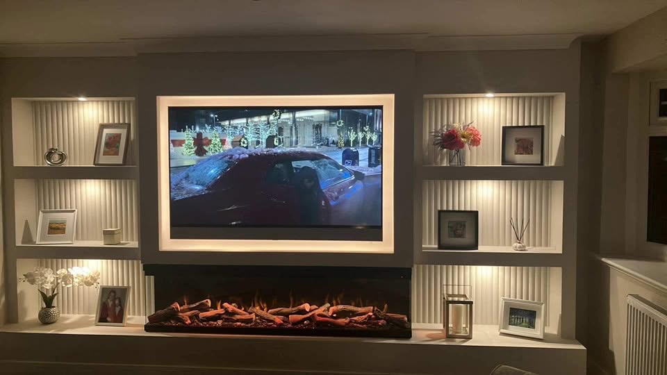 Custom media wall with integrated electrical and lighting